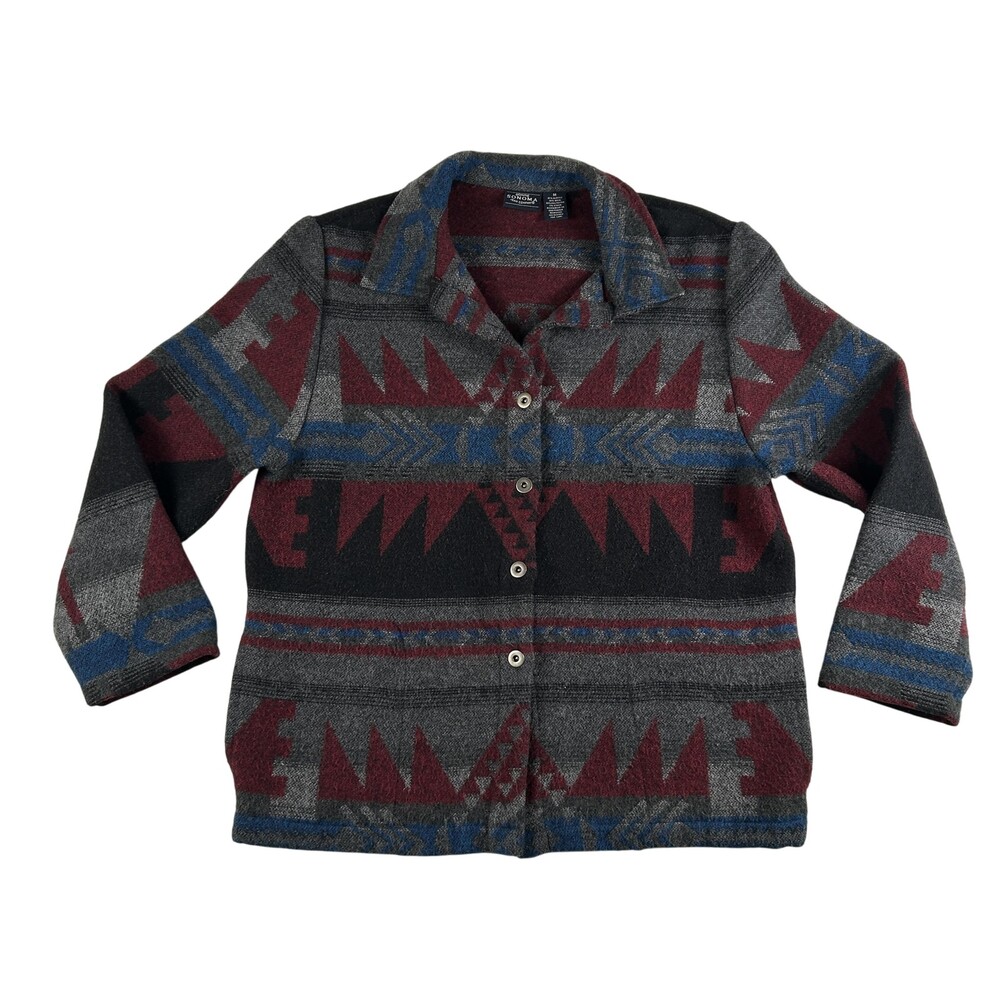 Sonoma Jean Company Sweater Womens Medium Gray Wool Blend Aztec Button Cardigan